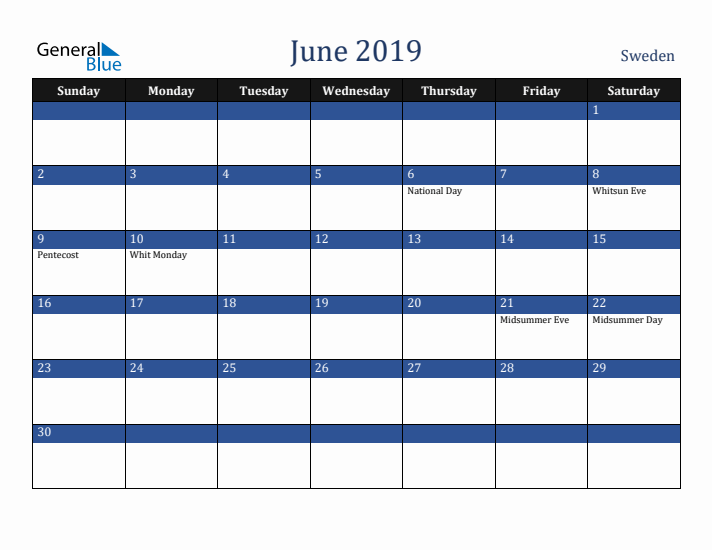 June 2019 Sweden Calendar (Sunday Start)