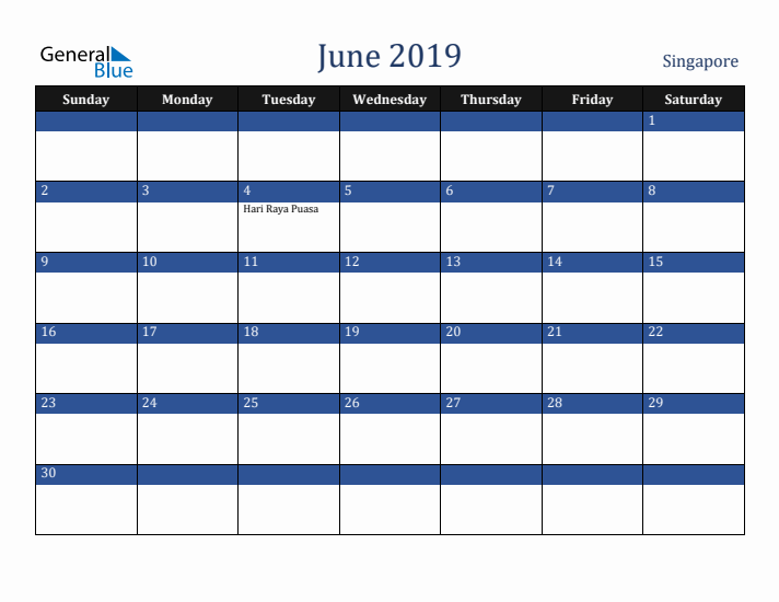 June 2019 Singapore Calendar (Sunday Start)