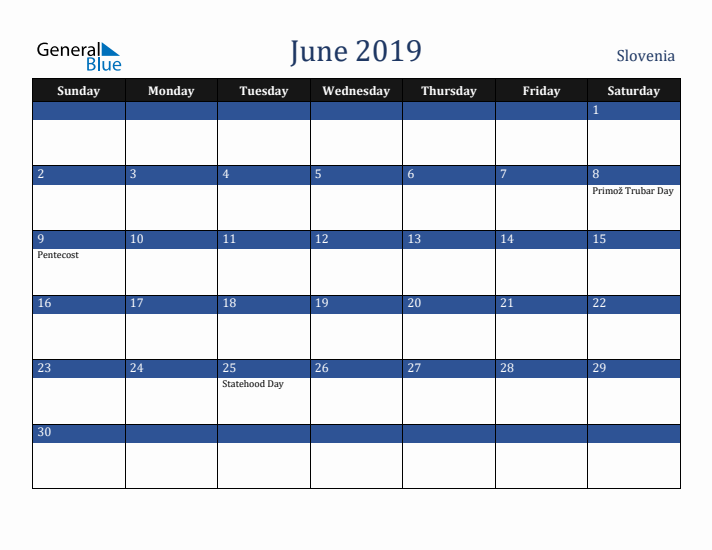 June 2019 Slovenia Calendar (Sunday Start)