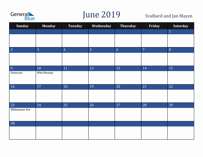 June 2019 Svalbard and Jan Mayen Calendar (Sunday Start)
