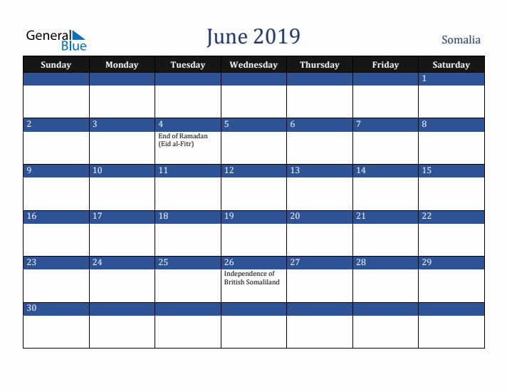 June 2019 Somalia Calendar (Sunday Start)