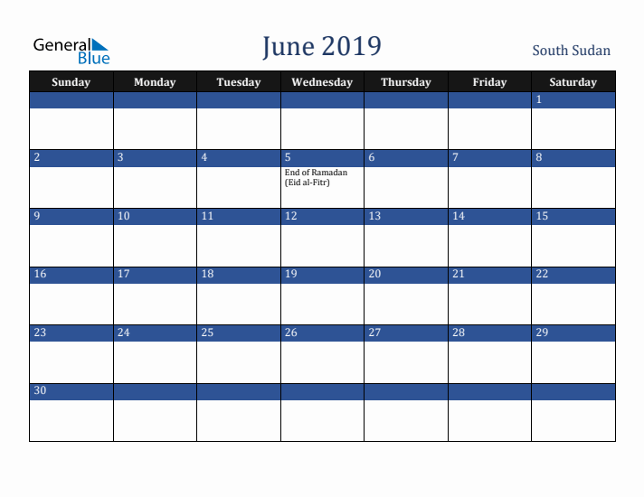 June 2019 South Sudan Calendar (Sunday Start)