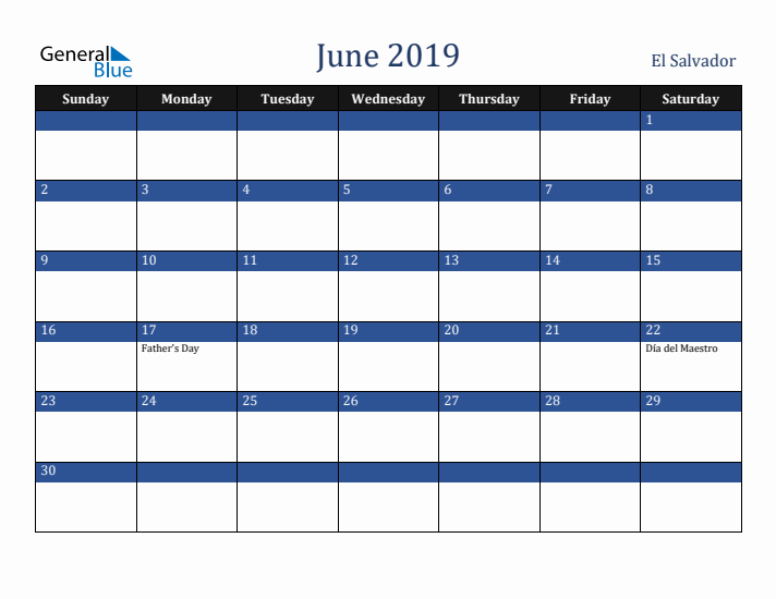 June 2019 El Salvador Calendar (Sunday Start)