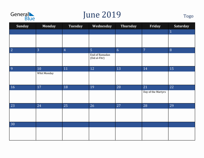 June 2019 Togo Calendar (Sunday Start)