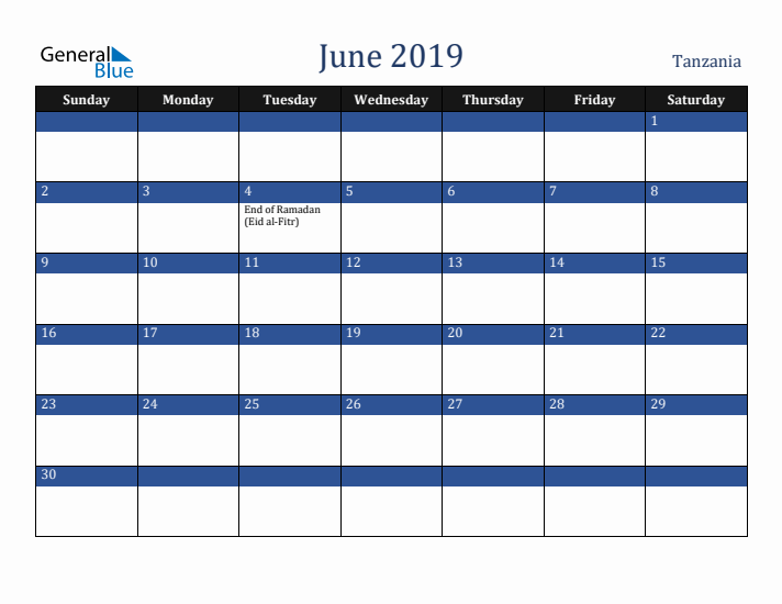 June 2019 Tanzania Calendar (Sunday Start)