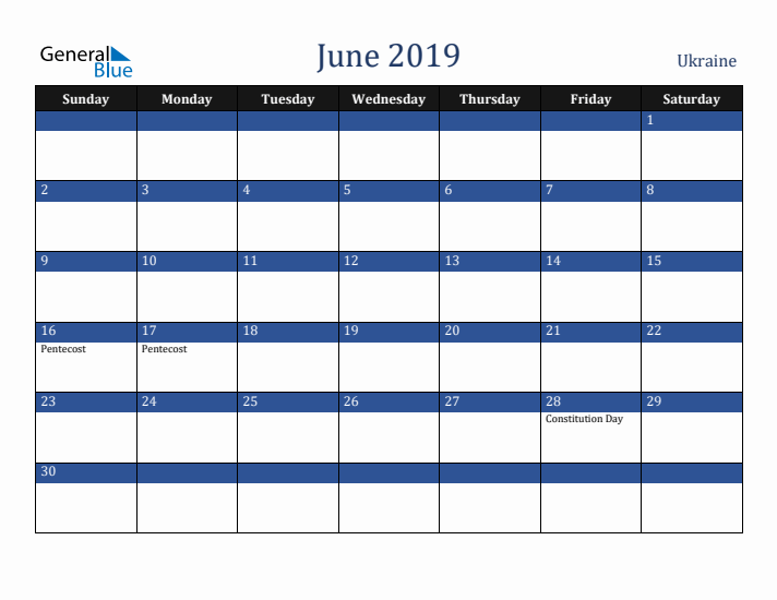June 2019 Ukraine Calendar (Sunday Start)