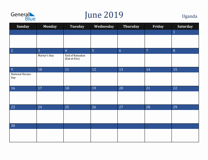 June 2019 Uganda Calendar (Sunday Start)