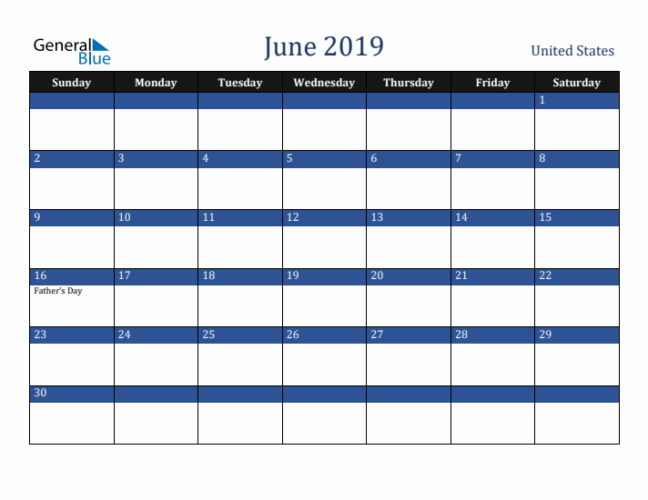 June 2019 United States Calendar (Sunday Start)
