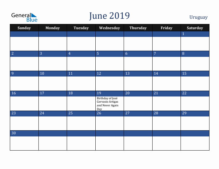 June 2019 Uruguay Calendar (Sunday Start)
