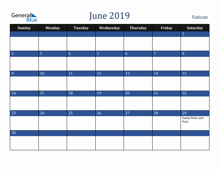 June 2019 Vatican Calendar (Sunday Start)