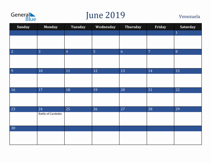 June 2019 Venezuela Calendar (Sunday Start)
