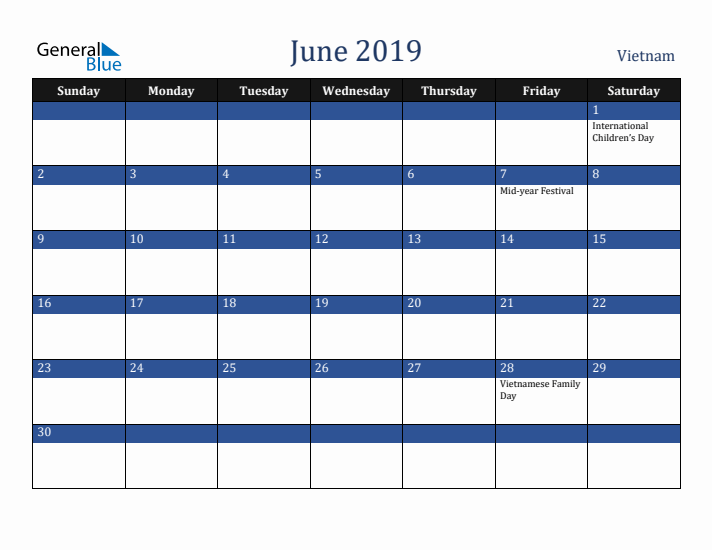 June 2019 Vietnam Calendar (Sunday Start)