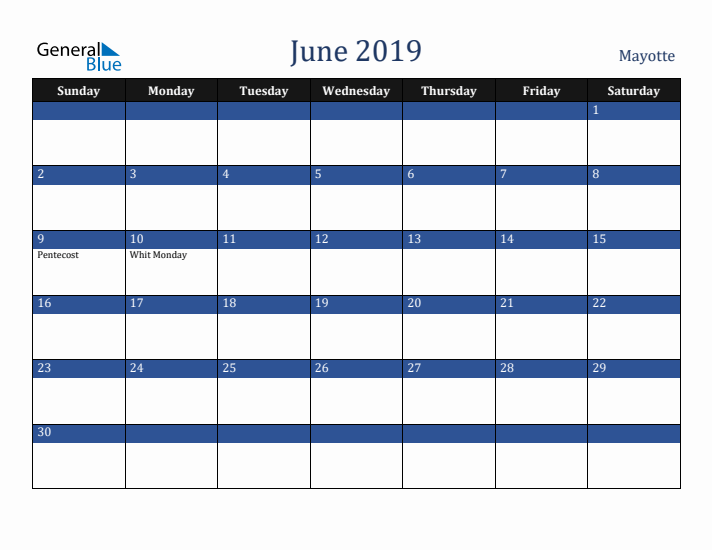 June 2019 Mayotte Calendar (Sunday Start)