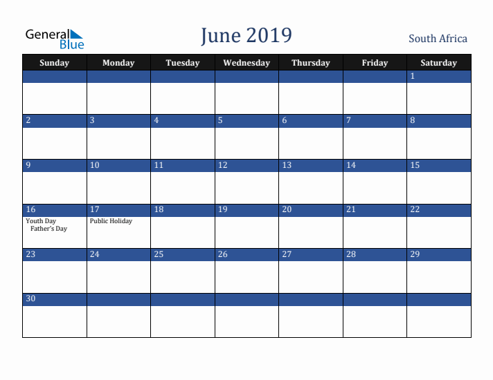 June 2019 South Africa Calendar (Sunday Start)
