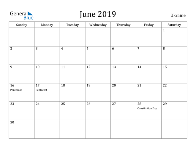 ukraine june 2019 calendar with holidays