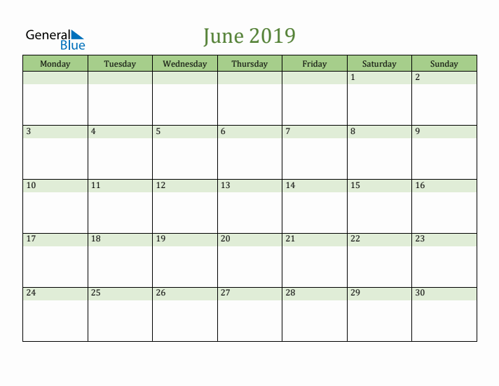 June 2019 Calendar with Monday Start