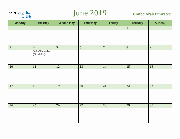 June 2019 Calendar with United Arab Emirates Holidays