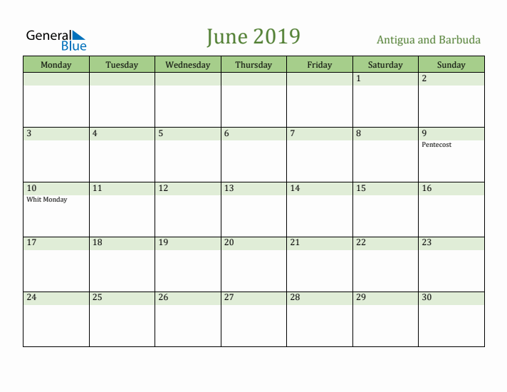 June 2019 Calendar with Antigua and Barbuda Holidays