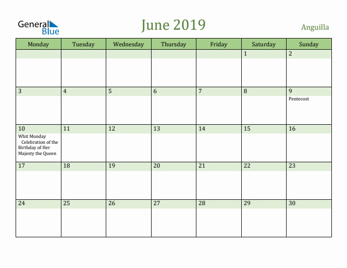 June 2019 Calendar with Anguilla Holidays