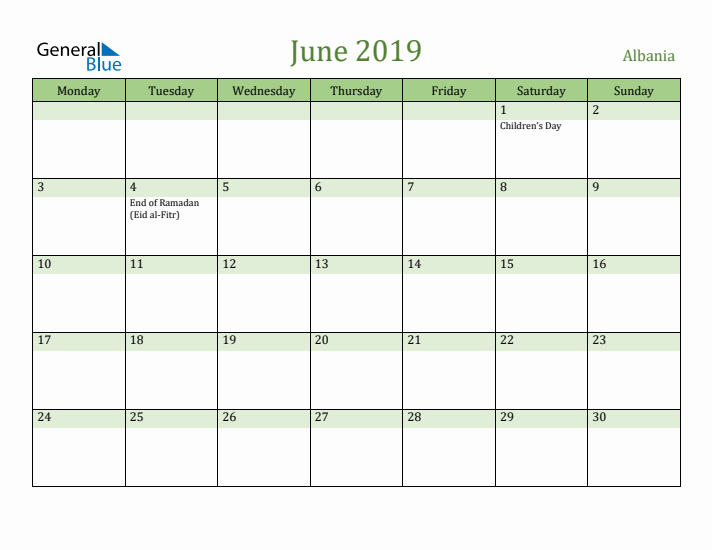 June 2019 Calendar with Albania Holidays
