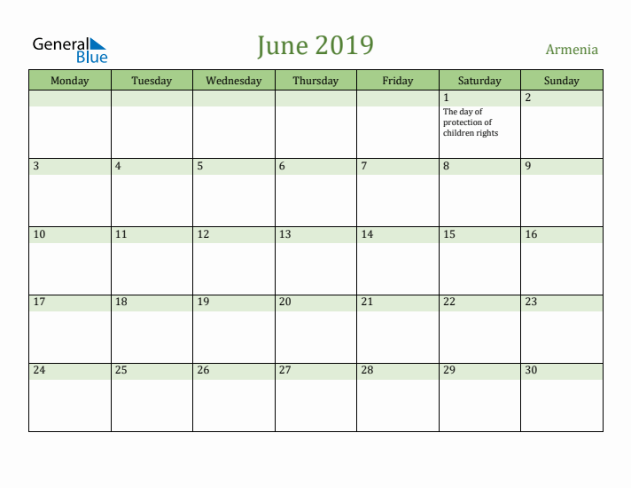 June 2019 Calendar with Armenia Holidays