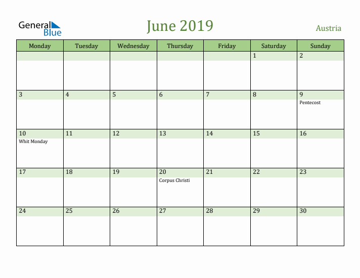 June 2019 Calendar with Austria Holidays