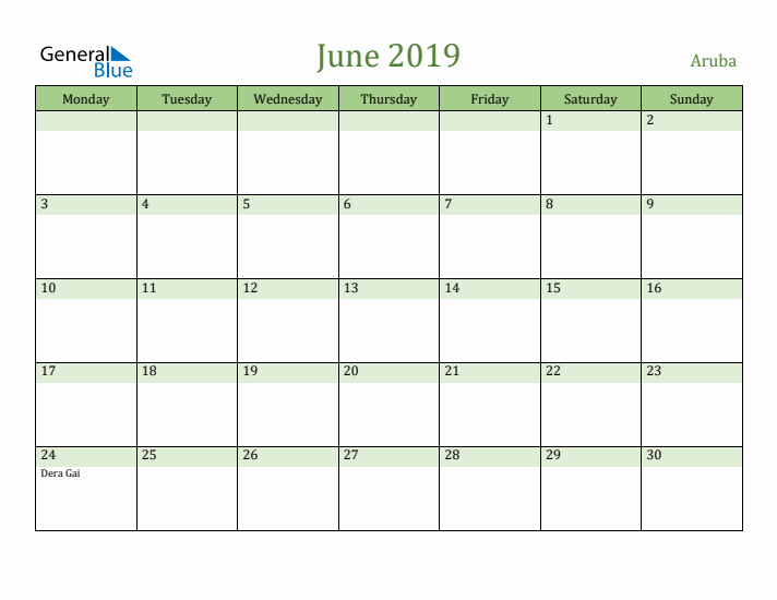 June 2019 Calendar with Aruba Holidays