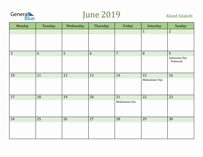 June 2019 Calendar with Aland Islands Holidays