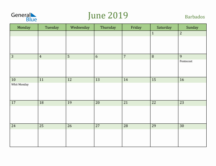 June 2019 Calendar with Barbados Holidays