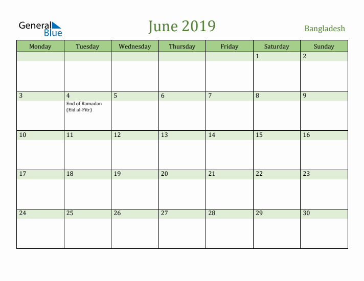 June 2019 Calendar with Bangladesh Holidays