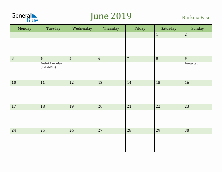 June 2019 Calendar with Burkina Faso Holidays