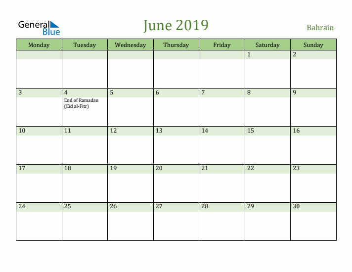 June 2019 Calendar with Bahrain Holidays