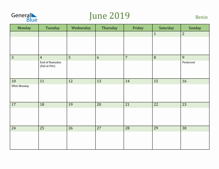 June 2019 Calendar with Benin Holidays