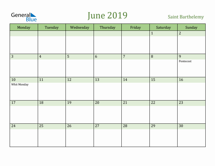 June 2019 Calendar with Saint Barthelemy Holidays