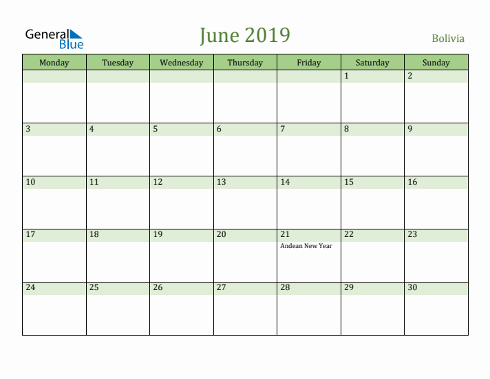 June 2019 Calendar with Bolivia Holidays