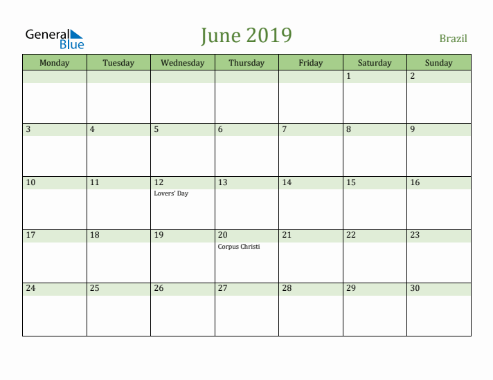 June 2019 Calendar with Brazil Holidays