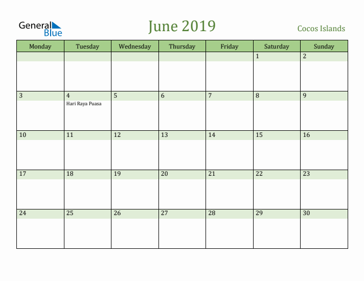 June 2019 Calendar with Cocos Islands Holidays