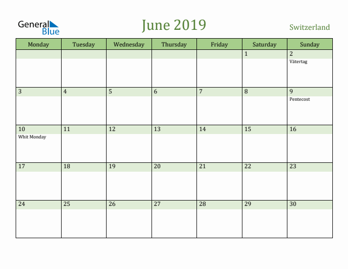 June 2019 Calendar with Switzerland Holidays