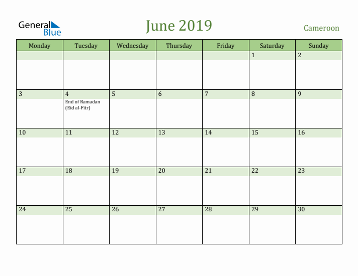 June 2019 Calendar with Cameroon Holidays