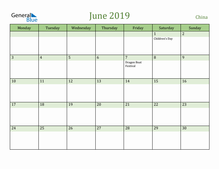 June 2019 Calendar with China Holidays