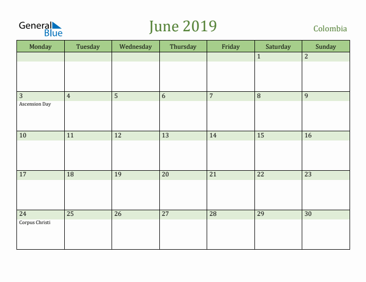 June 2019 Calendar with Colombia Holidays