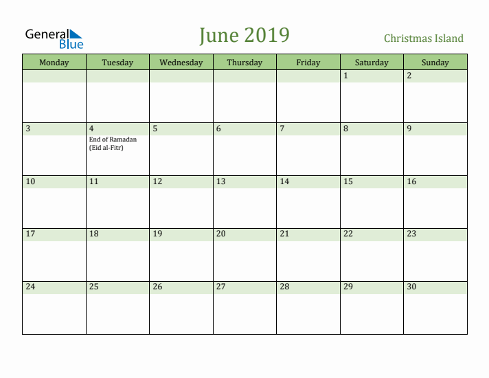 June 2019 Calendar with Christmas Island Holidays