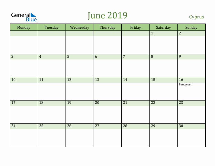 June 2019 Calendar with Cyprus Holidays