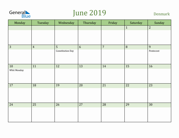 June 2019 Calendar with Denmark Holidays