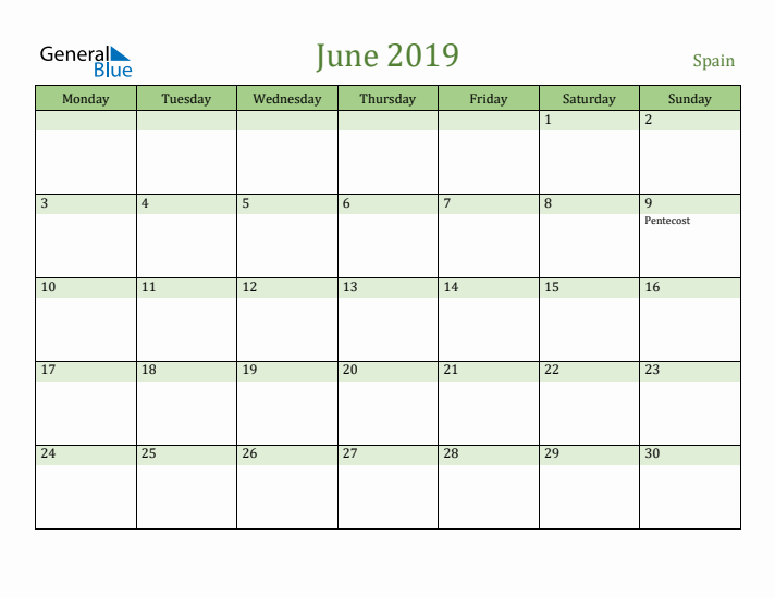 June 2019 Calendar with Spain Holidays