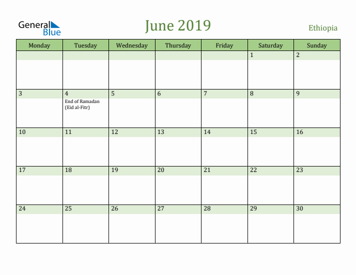 June 2019 Calendar with Ethiopia Holidays
