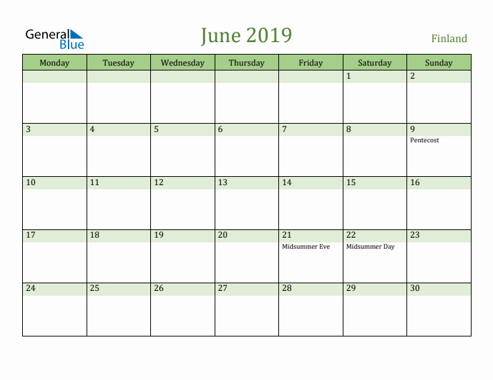 June 2019 Calendar with Finland Holidays