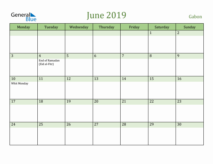 June 2019 Calendar with Gabon Holidays