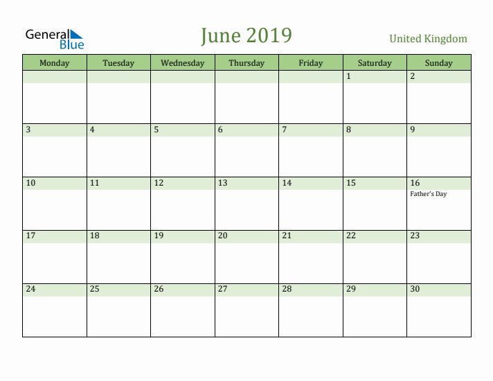 June 2019 Calendar with United Kingdom Holidays