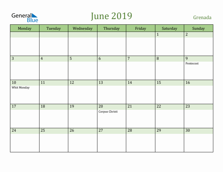 June 2019 Calendar with Grenada Holidays